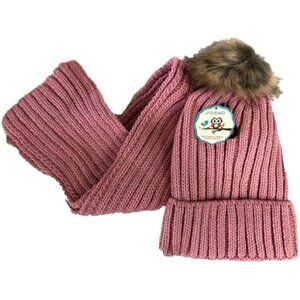 Kid's Winter Knitted Pom Beanie Scarf and Hat Set - Pink